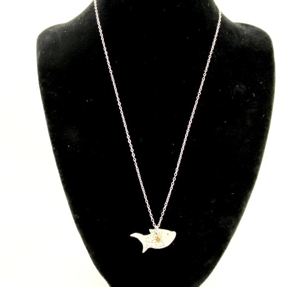 Signed JSW Sterling Silver Fish 10k Solid Gold Star Charm Pendant Necklace - Picture 2 of 8